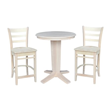 International Concepts 30 in. Solid Wood Round Top Pedestal Dining Table with 2 Counter Height Stools, Unfinished K-30RT-23B-S6172-2